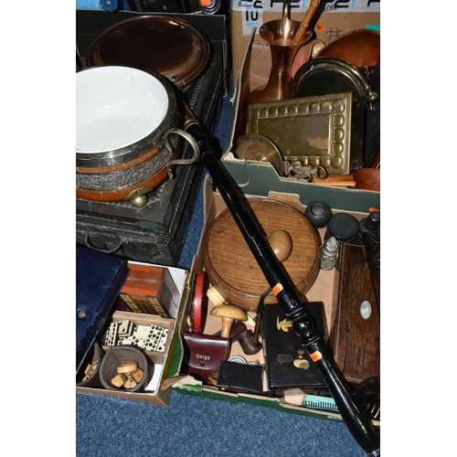 497 - THREE BOXES AND LOOSE TREEN AND METAL WARES, to include a small wooden chest length 50cm x depth 25c... 