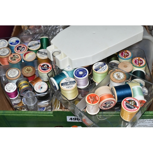 498 - A BOX AND LOOSE SEWING MACHINE AND HABERDASHERY ITEMS, to include a cased Singer electric sewing mac... 