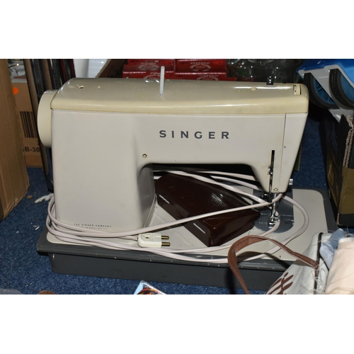 498 - A BOX AND LOOSE SEWING MACHINE AND HABERDASHERY ITEMS, to include a cased Singer electric sewing mac... 