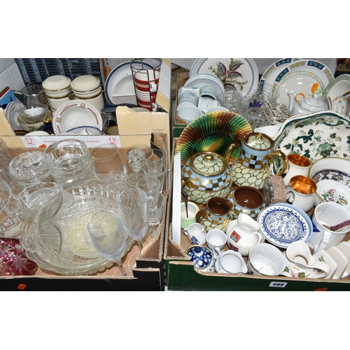 499 - FOUR BOXES OF CERAMICS AND GLASS WARES, to include a Mason's Chartreuse wavy rimmed serving dish, a ... 