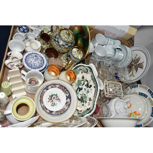 499 - FOUR BOXES OF CERAMICS AND GLASS WARES, to include a Mason's Chartreuse wavy rimmed serving dish, a ... 