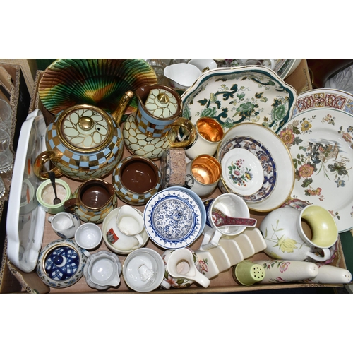 499 - FOUR BOXES OF CERAMICS AND GLASS WARES, to include a Mason's Chartreuse wavy rimmed serving dish, a ... 