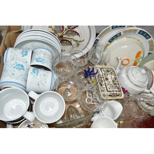 499 - FOUR BOXES OF CERAMICS AND GLASS WARES, to include a Mason's Chartreuse wavy rimmed serving dish, a ... 