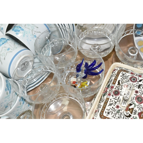 499 - FOUR BOXES OF CERAMICS AND GLASS WARES, to include a Mason's Chartreuse wavy rimmed serving dish, a ... 