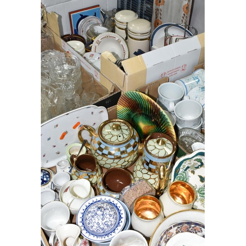 499 - FOUR BOXES OF CERAMICS AND GLASS WARES, to include a Mason's Chartreuse wavy rimmed serving dish, a ... 