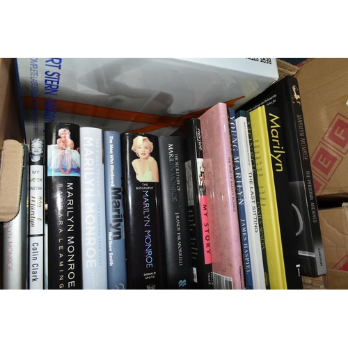 503 - FIVE BOXES OF BOOKS, DVDs CDs & PHOTOGRAPHS FEATURING MARILYN MONROE and comprising over forty-five ... 