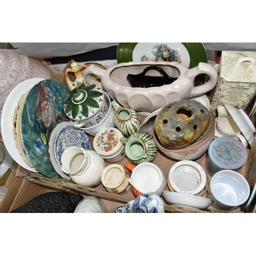 504 - FOUR BOXES AND LOOSE CERAMICS, GLASS LAMPSHADES, LARGE PLASTER PANEL AND SUNDRY ITEMS, to include a ... 