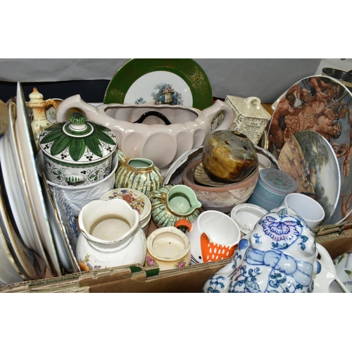 504 - FOUR BOXES AND LOOSE CERAMICS, GLASS LAMPSHADES, LARGE PLASTER PANEL AND SUNDRY ITEMS, to include a ... 