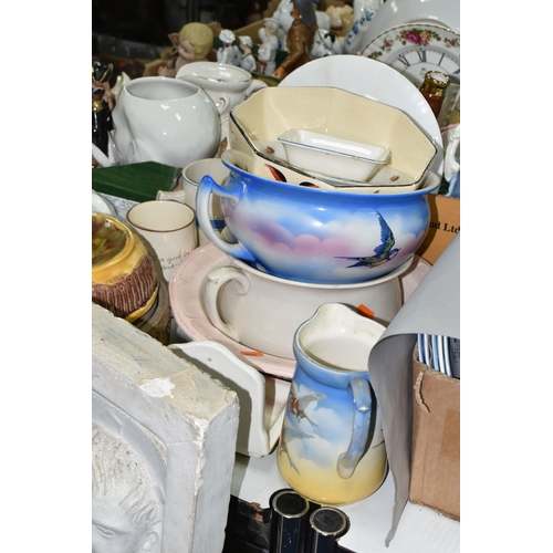 504 - FOUR BOXES AND LOOSE CERAMICS, GLASS LAMPSHADES, LARGE PLASTER PANEL AND SUNDRY ITEMS, to include a ... 