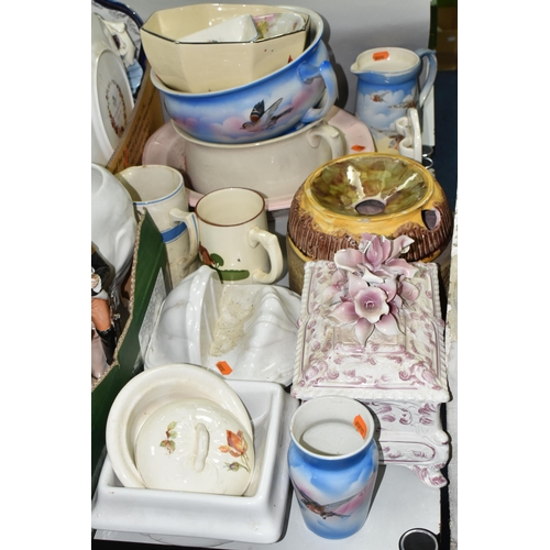 504 - FOUR BOXES AND LOOSE CERAMICS, GLASS LAMPSHADES, LARGE PLASTER PANEL AND SUNDRY ITEMS, to include a ... 