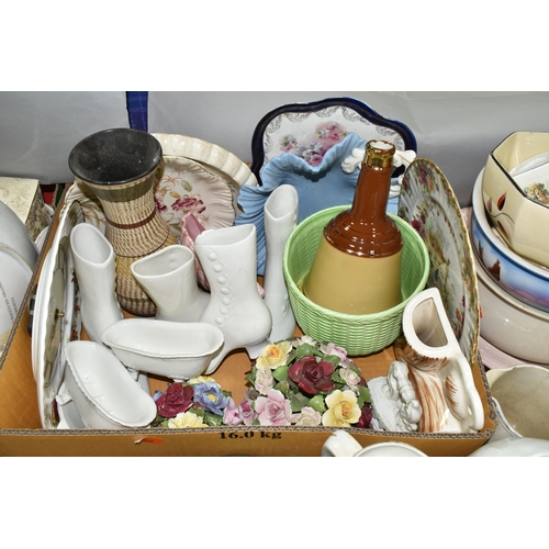 504 - FOUR BOXES AND LOOSE CERAMICS, GLASS LAMPSHADES, LARGE PLASTER PANEL AND SUNDRY ITEMS, to include a ... 