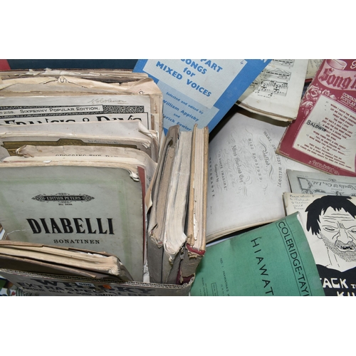 506 - TWO BOXES OF SHEET MUSIC AND MUSIC BOOKS, mostly appearing early to mid-twentieth century, with poss... 