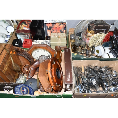 507 - FOUR BOXES OF METALWARE, TREEN AND SUNDRY ITEMS, to include painted cast iron trivets, brass dog fig... 