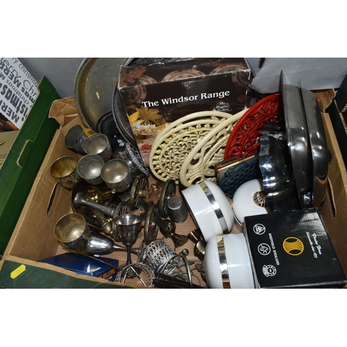 507 - FOUR BOXES OF METALWARE, TREEN AND SUNDRY ITEMS, to include painted cast iron trivets, brass dog fig... 