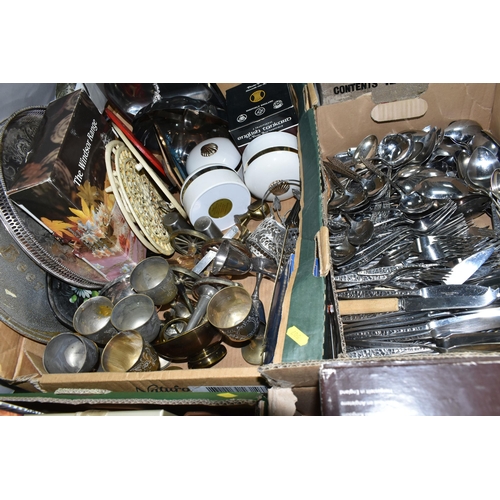 507 - FOUR BOXES OF METALWARE, TREEN AND SUNDRY ITEMS, to include painted cast iron trivets, brass dog fig... 