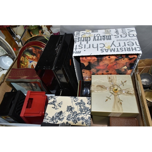 507 - FOUR BOXES OF METALWARE, TREEN AND SUNDRY ITEMS, to include painted cast iron trivets, brass dog fig... 