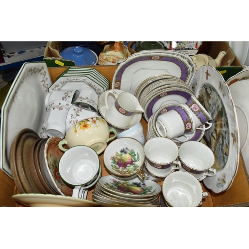 509 - FOUR BOXES OF CERAMIC TEA, DINNER AND KITCHEN WARES, to include two Sadler storage jars with relief ... 