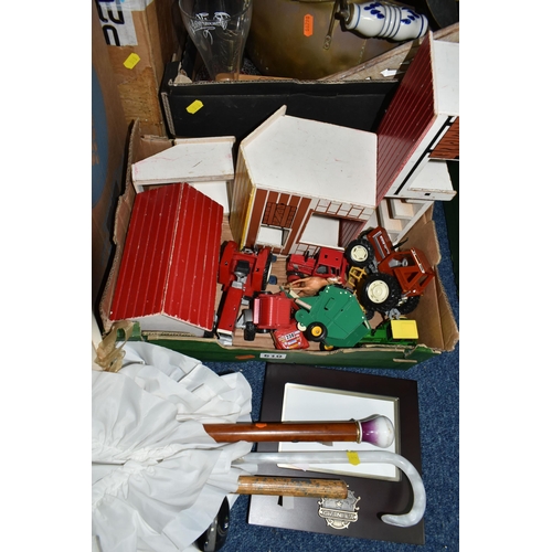 510 - FOUR BOXES AND LOOSE TOYS, WALKING STICKS, HARDWARE AND SUNDRY ITEMS, to include four wooden toy far... 