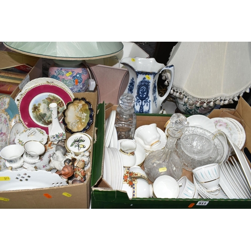 511 - TWO BOXES OF CERAMICS, to include two table lamps, three fabric shades, two cut glass decanters, an ... 