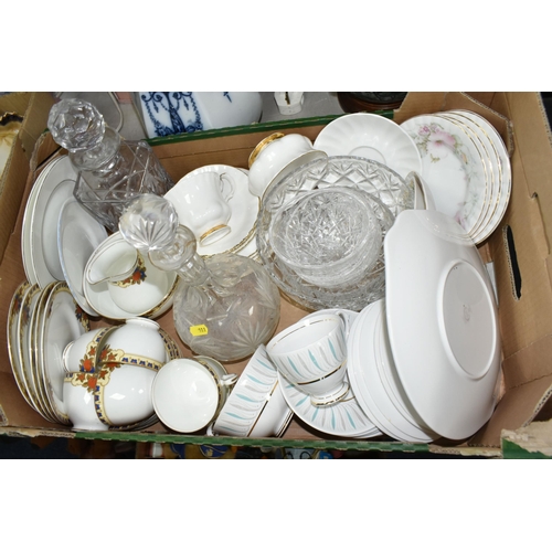 511 - TWO BOXES OF CERAMICS, to include two table lamps, three fabric shades, two cut glass decanters, an ... 