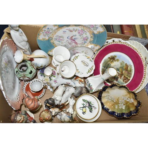 511 - TWO BOXES OF CERAMICS, to include two table lamps, three fabric shades, two cut glass decanters, an ... 