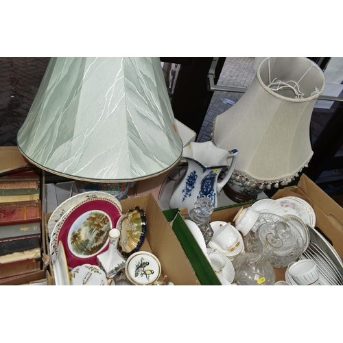 511 - TWO BOXES OF CERAMICS, to include two table lamps, three fabric shades, two cut glass decanters, an ... 