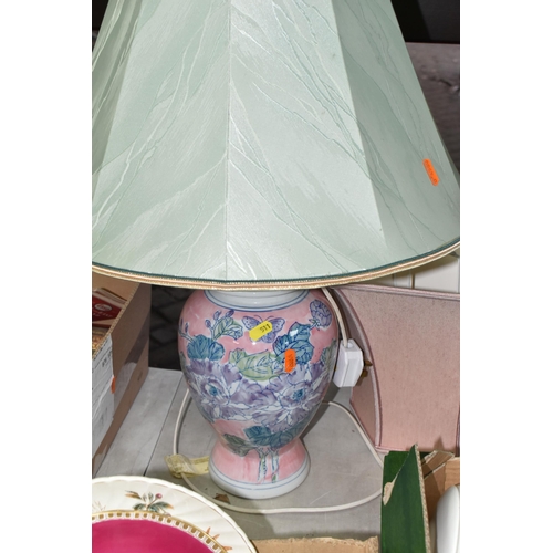 511 - TWO BOXES OF CERAMICS, to include two table lamps, three fabric shades, two cut glass decanters, an ... 