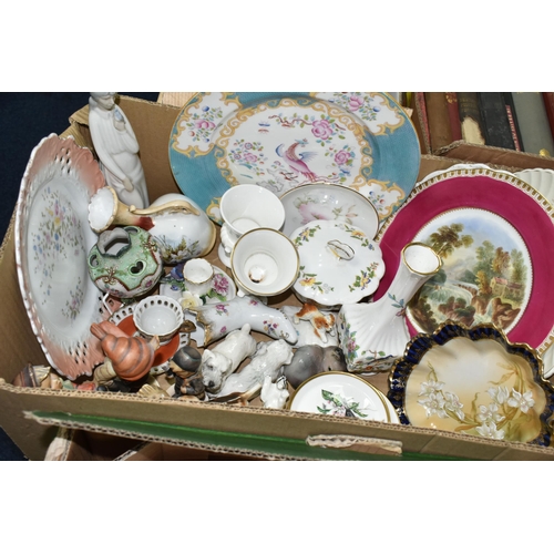 511 - TWO BOXES OF CERAMICS, to include two table lamps, three fabric shades, two cut glass decanters, an ... 