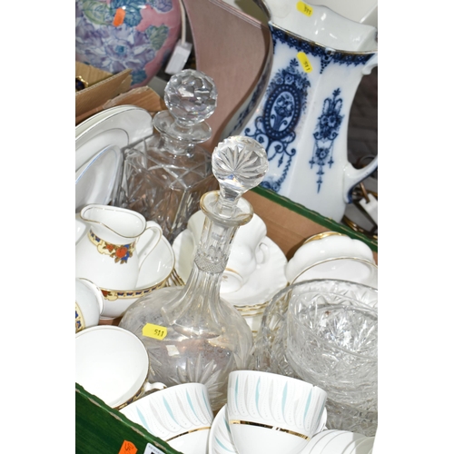 511 - TWO BOXES OF CERAMICS, to include two table lamps, three fabric shades, two cut glass decanters, an ... 