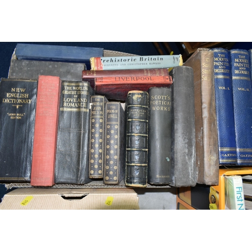 512 - FIVE BOXES OF ANTIQUARIAN BOOKS, over sixty books to include three volumes of The Modern Painter and... 