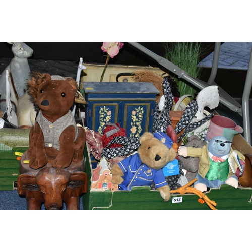 513 - THREE BOXES OF WOODEN ORNAMENTS AND SOFT TOYS, to include an Orient Express 'Steward Bear', a Teddy ... 