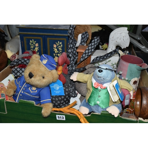 513 - THREE BOXES OF WOODEN ORNAMENTS AND SOFT TOYS, to include an Orient Express 'Steward Bear', a Teddy ... 