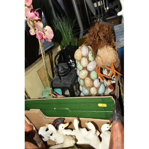 513 - THREE BOXES OF WOODEN ORNAMENTS AND SOFT TOYS, to include an Orient Express 'Steward Bear', a Teddy ... 