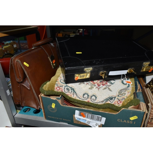 519 - FOUR BOXES AND LOOSE MISCELLANEOUS SUNDRIES, to include two briefcase, clothing, walking sticks, umb... 