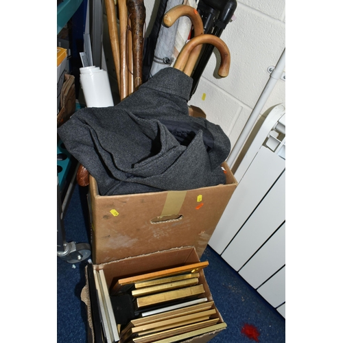 519 - FOUR BOXES AND LOOSE MISCELLANEOUS SUNDRIES, to include two briefcase, clothing, walking sticks, umb... 