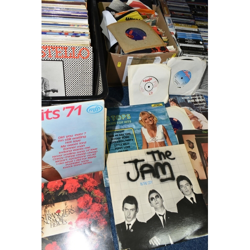 520 - FOUR BOXES OF CDS, LP AND SINGLE RECORDS AND TAPE CASSETTES, over one hundred singles, artists inclu... 