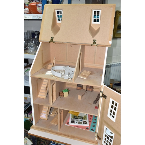 522 - A MODERN WOODEN DOLLS HOUSE, modelled as a two storey villa, front opens to reveal two rooms over tw... 