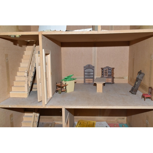 522 - A MODERN WOODEN DOLLS HOUSE, modelled as a two storey villa, front opens to reveal two rooms over tw... 