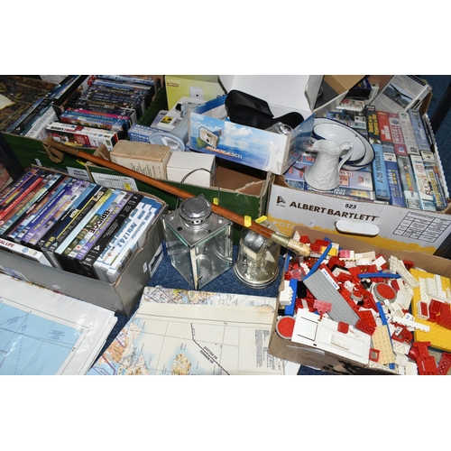 523 - SIX BOXES OF MISCELLANEOUS SUNDRIES, to include a quantity of vintage Lego bricks, video cassettes, ... 