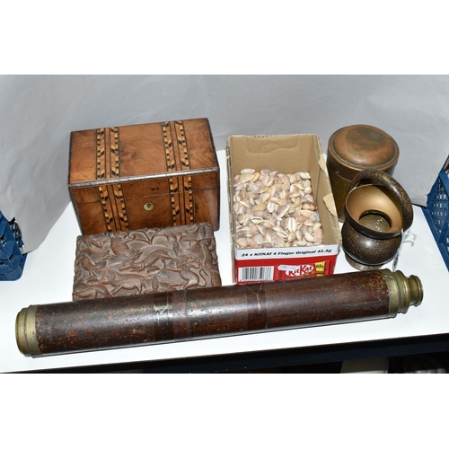 528 - A TELESCOPE, METALWARE, TREEN AND A BOX OF SHELLS, comprising a single draw brass and wooden telesco... 