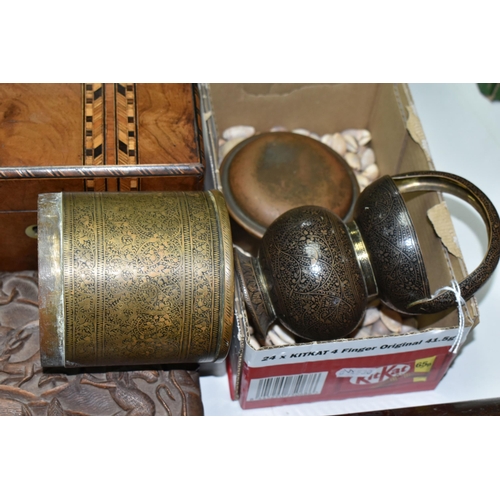 528 - A TELESCOPE, METALWARE, TREEN AND A BOX OF SHELLS, comprising a single draw brass and wooden telesco... 