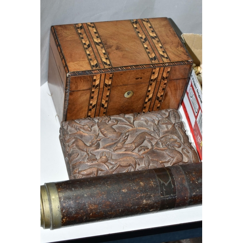 528 - A TELESCOPE, METALWARE, TREEN AND A BOX OF SHELLS, comprising a single draw brass and wooden telesco... 