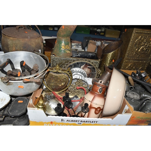 530 - TWO BOXES AND LOOSE METALWARE, to include two cast iron cooking pots, a brass coal scuttle and log b... 