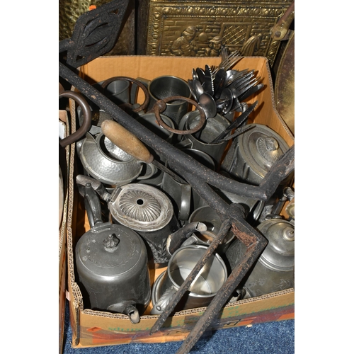 530 - TWO BOXES AND LOOSE METALWARE, to include two cast iron cooking pots, a brass coal scuttle and log b... 