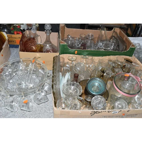 536 - FIVE BOXES AND LOOSE GLASS WARE, to include uranium and coloured pressed glass bowls, plates and vas... 