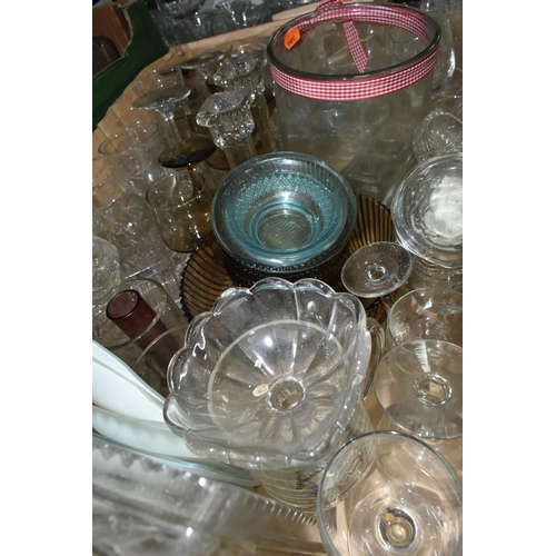 536 - FIVE BOXES AND LOOSE GLASS WARE, to include uranium and coloured pressed glass bowls, plates and vas... 