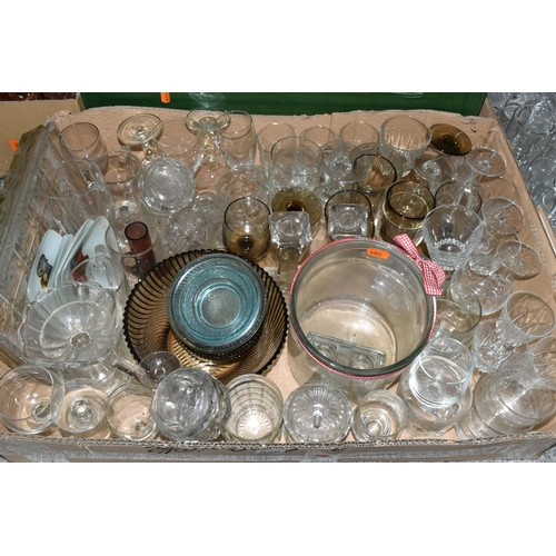 536 - FIVE BOXES AND LOOSE GLASS WARE, to include uranium and coloured pressed glass bowls, plates and vas... 