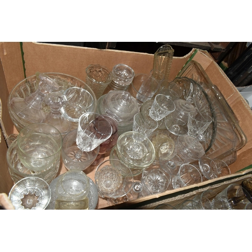 536 - FIVE BOXES AND LOOSE GLASS WARE, to include uranium and coloured pressed glass bowls, plates and vas... 