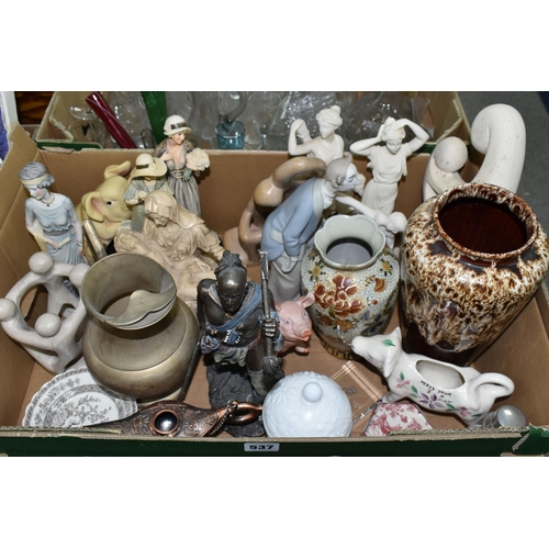 537 - FOUR BOXES AND LOOSE CERAMICS, GLASS, EPHEMERA AND SUNDRY ITEMS, to include a small number of postca... 