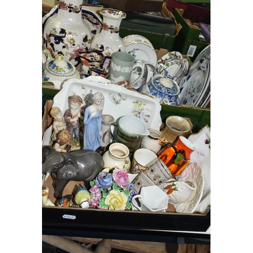 539 - THREE BOXES OF CERAMICS, to include three Mason's Mandalay vases, tallest 31cm, a Mandalay jug, bowl... 